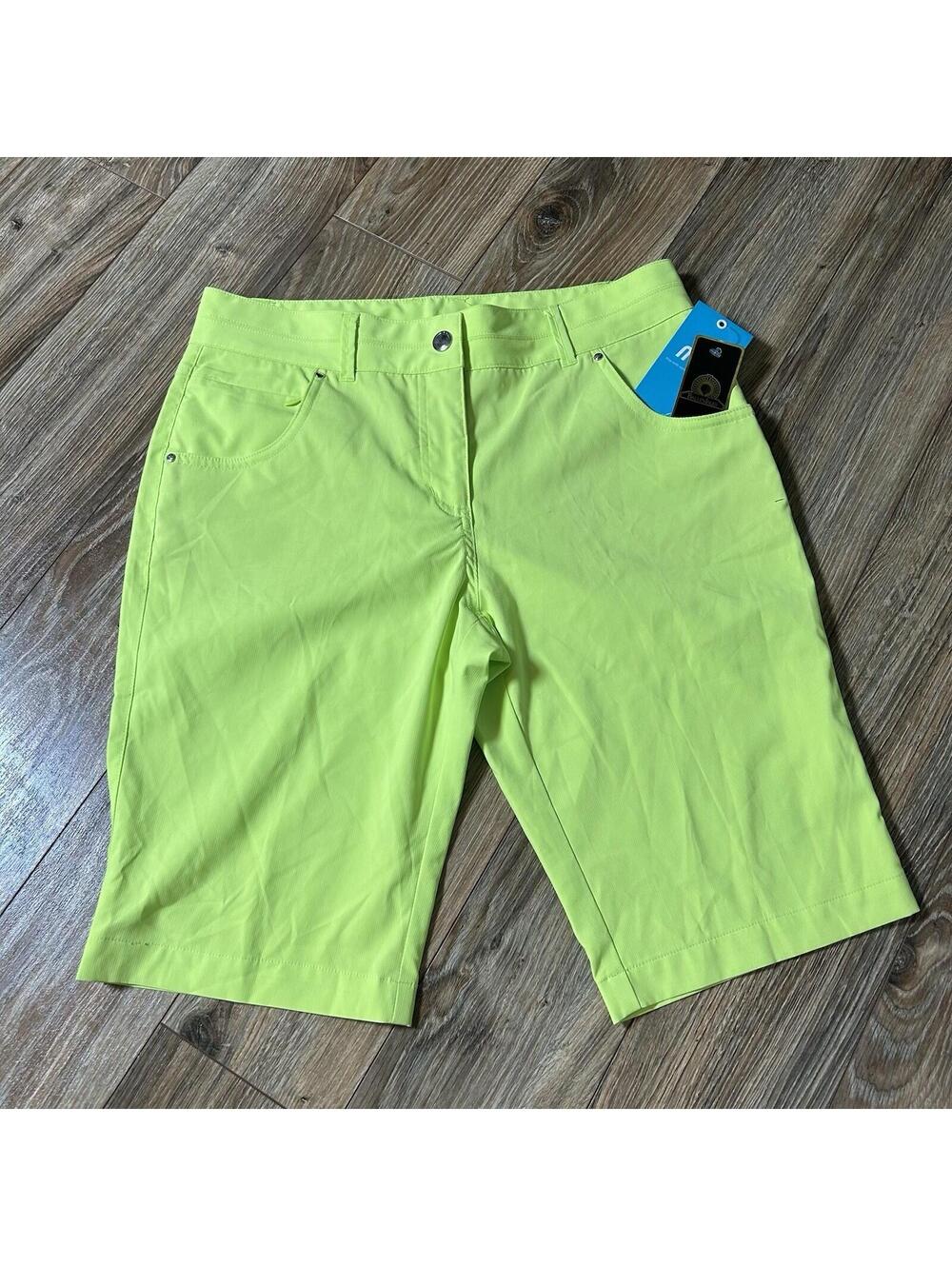 NWT N'VO by Lanctot Golf Shorts Women's Size 6 Flat Front Belt Loops Yellow/Gree